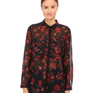 Borrows down shirt red roses black polyester. Xs